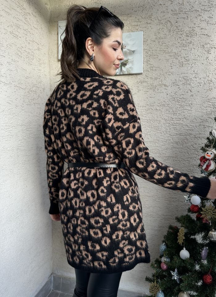 Leopar Desen Kemerli Taba Triko Kazak