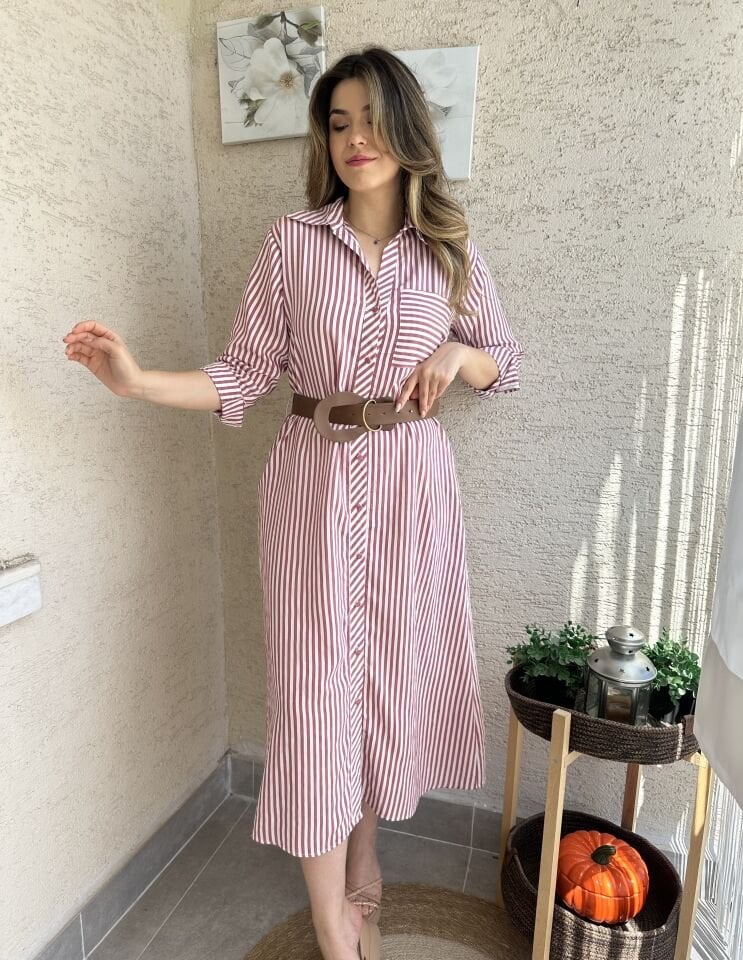 Gül Kurusu Çizgili Kemerli Gömlek Elbise