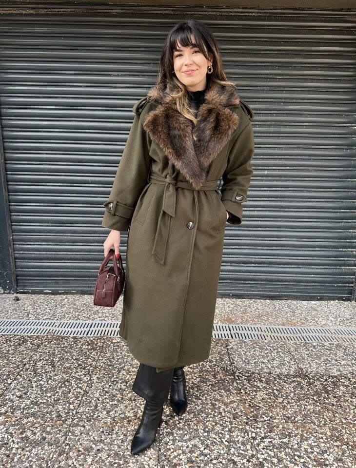 Haki Yeşili Kürklü Kaşe Kaban