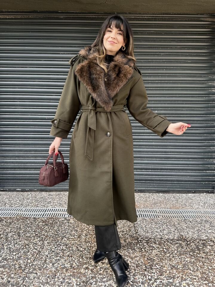 Haki Yeşili Kürklü Kaşe Kaban