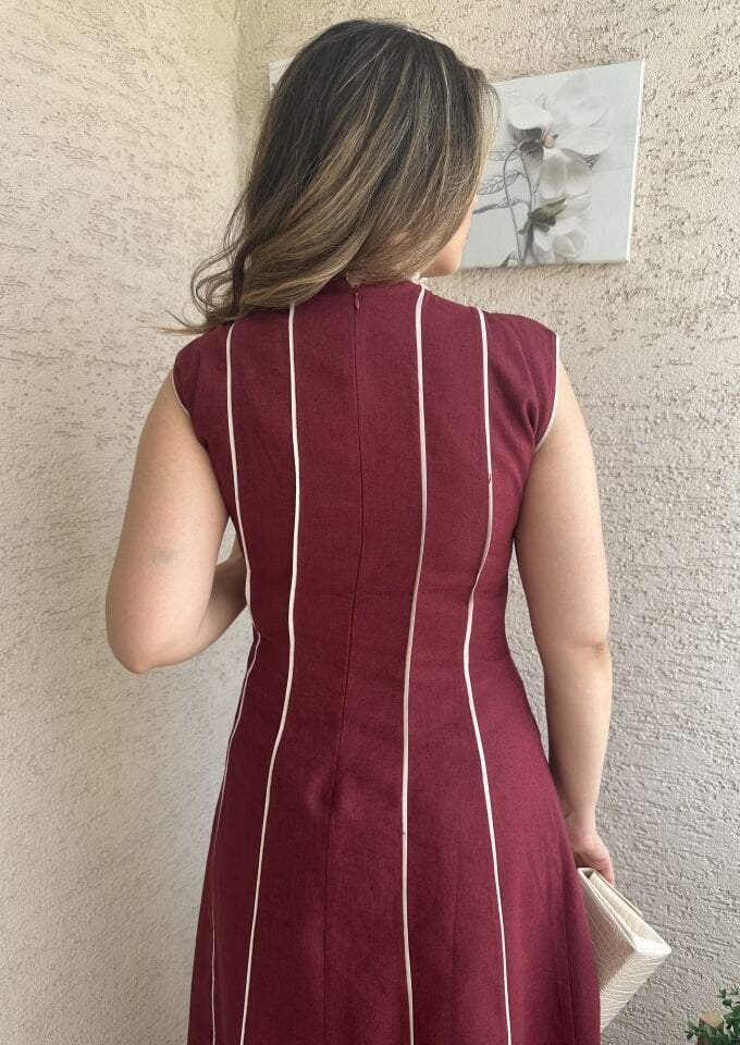 Bordo Çizgili Keten Belden Oturtmalı Elbise