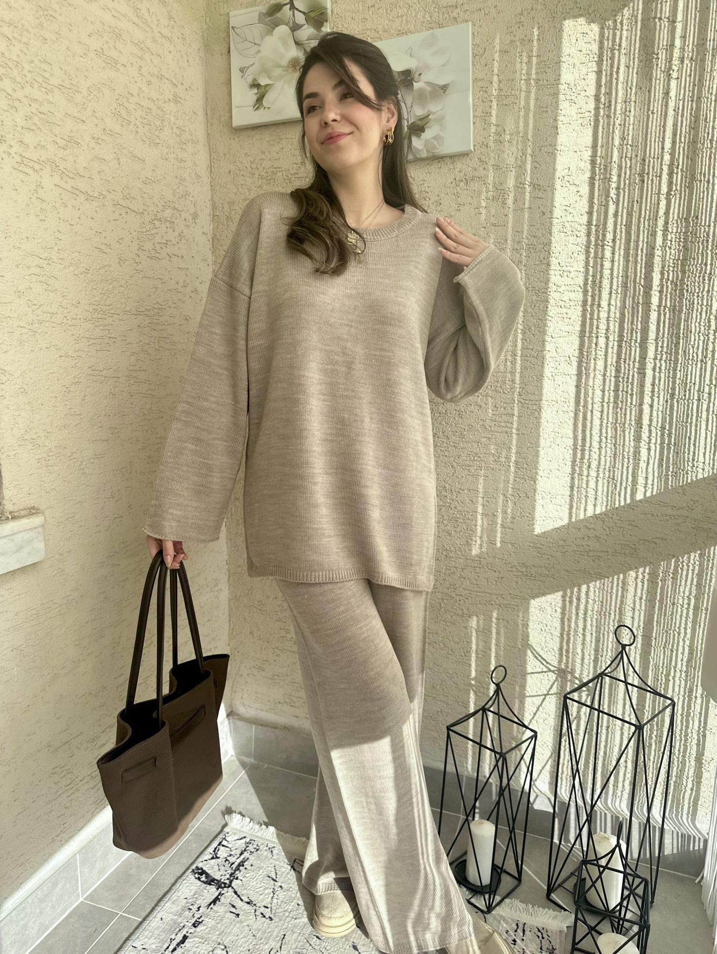 Mia Bej Rengi Salaş Pantolon Triko Takım