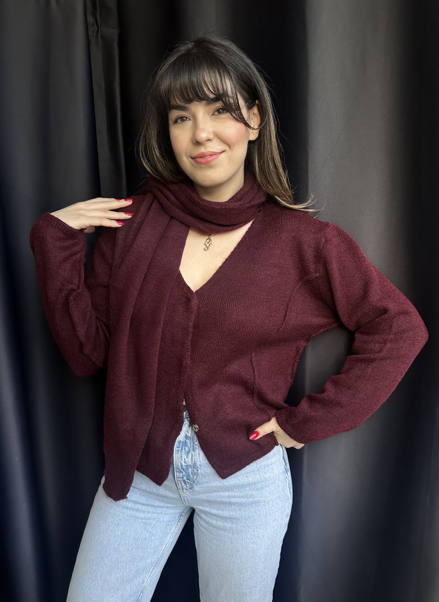 Bordo Şallı ÇıtÇıtlı Hırka