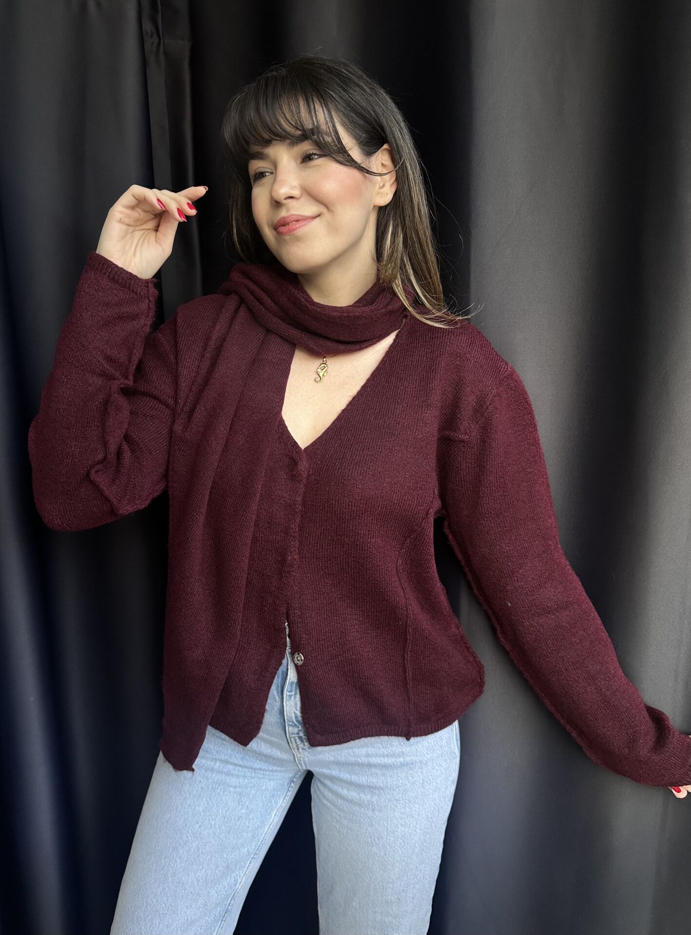 Bordo Şallı ÇıtÇıtlı Hırka