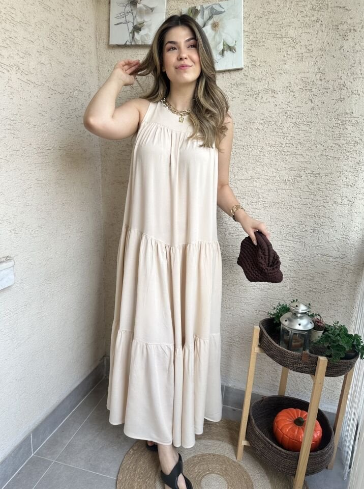 Krem Sıfır Kol Katlı Maxi Elbise