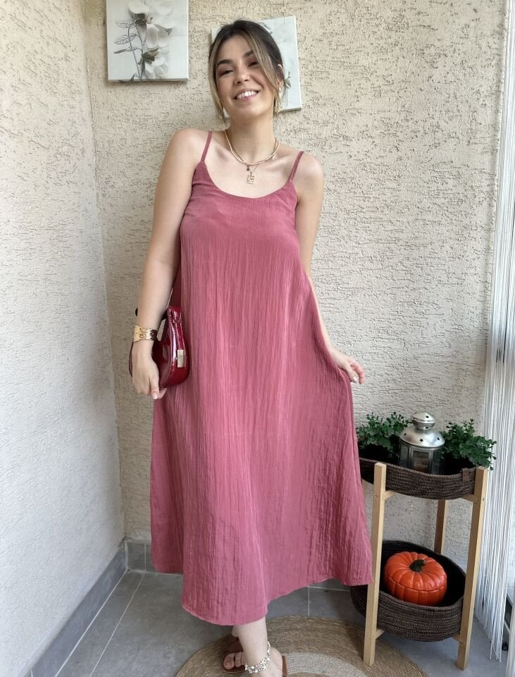 Gül Kurusu İp Askılı Parlak Elbise