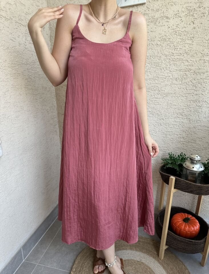Gül Kurusu İp Askılı Parlak Elbise