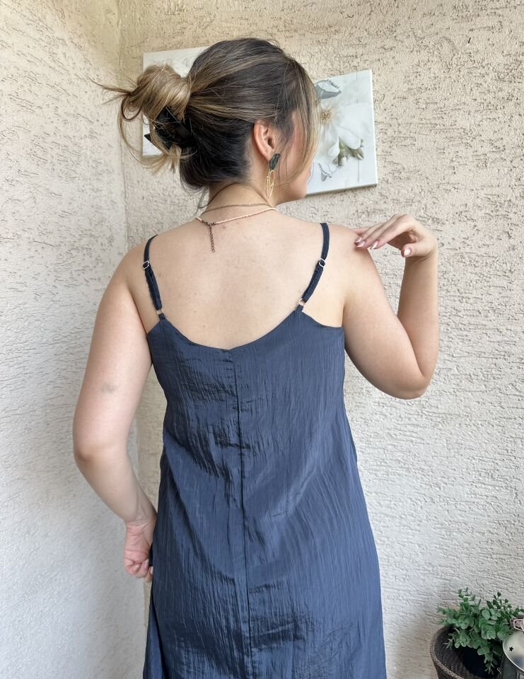 Lacivert İp Askılı Parlak Elbise