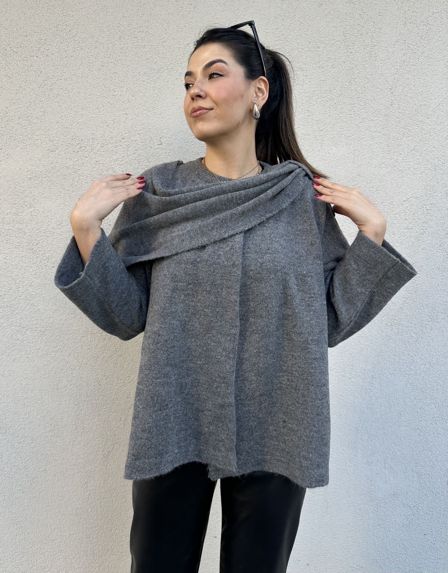 Triko Şal Detay Hırka Gri