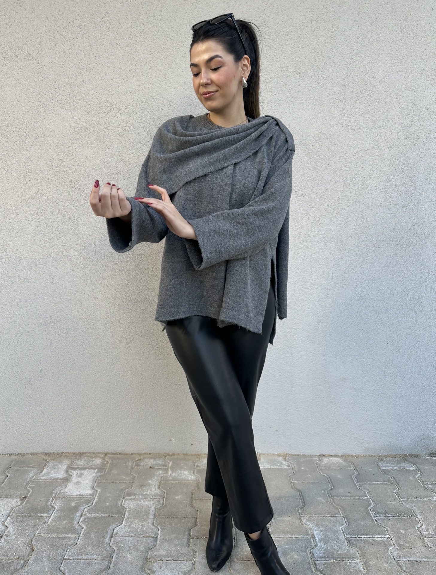 Triko Şal Detay Hırka Gri