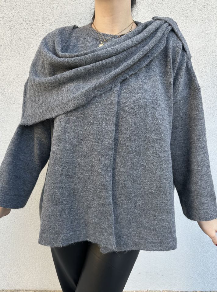 Triko Şal Detay Hırka Gri