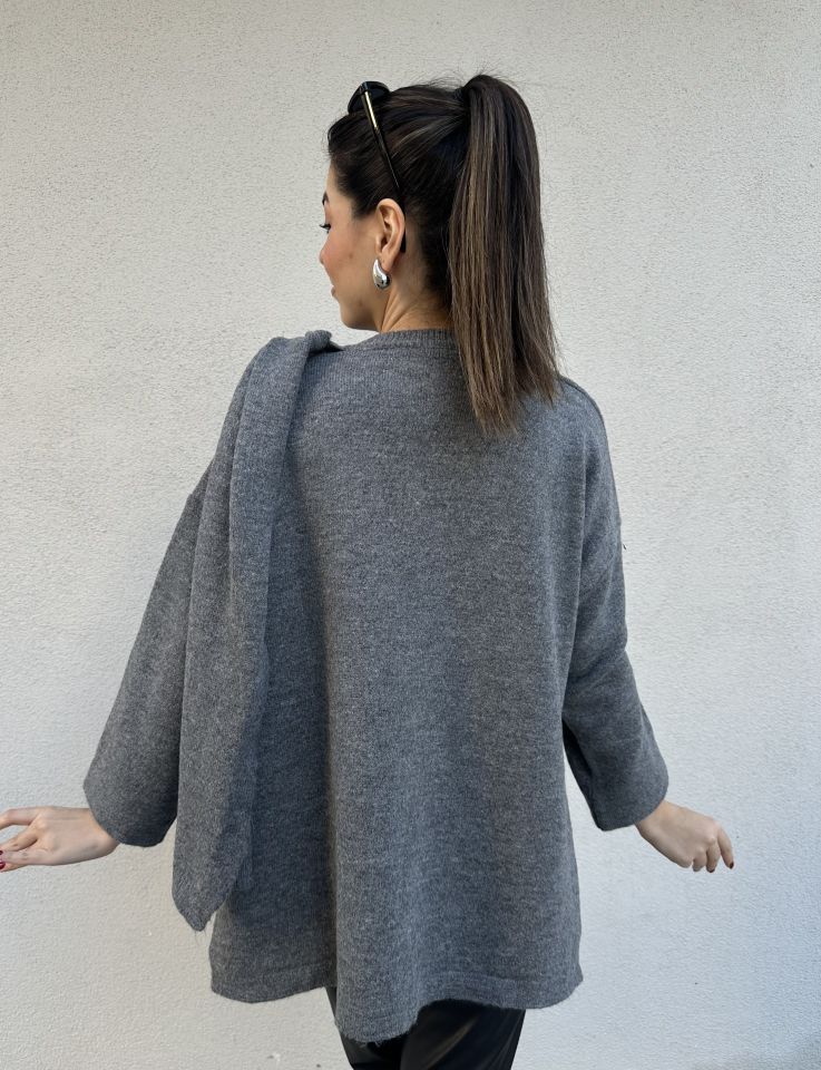 Triko Şal Detay Hırka Gri