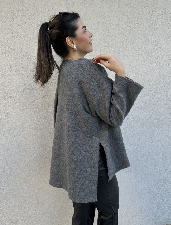 Triko Şal Detay Hırka Gri