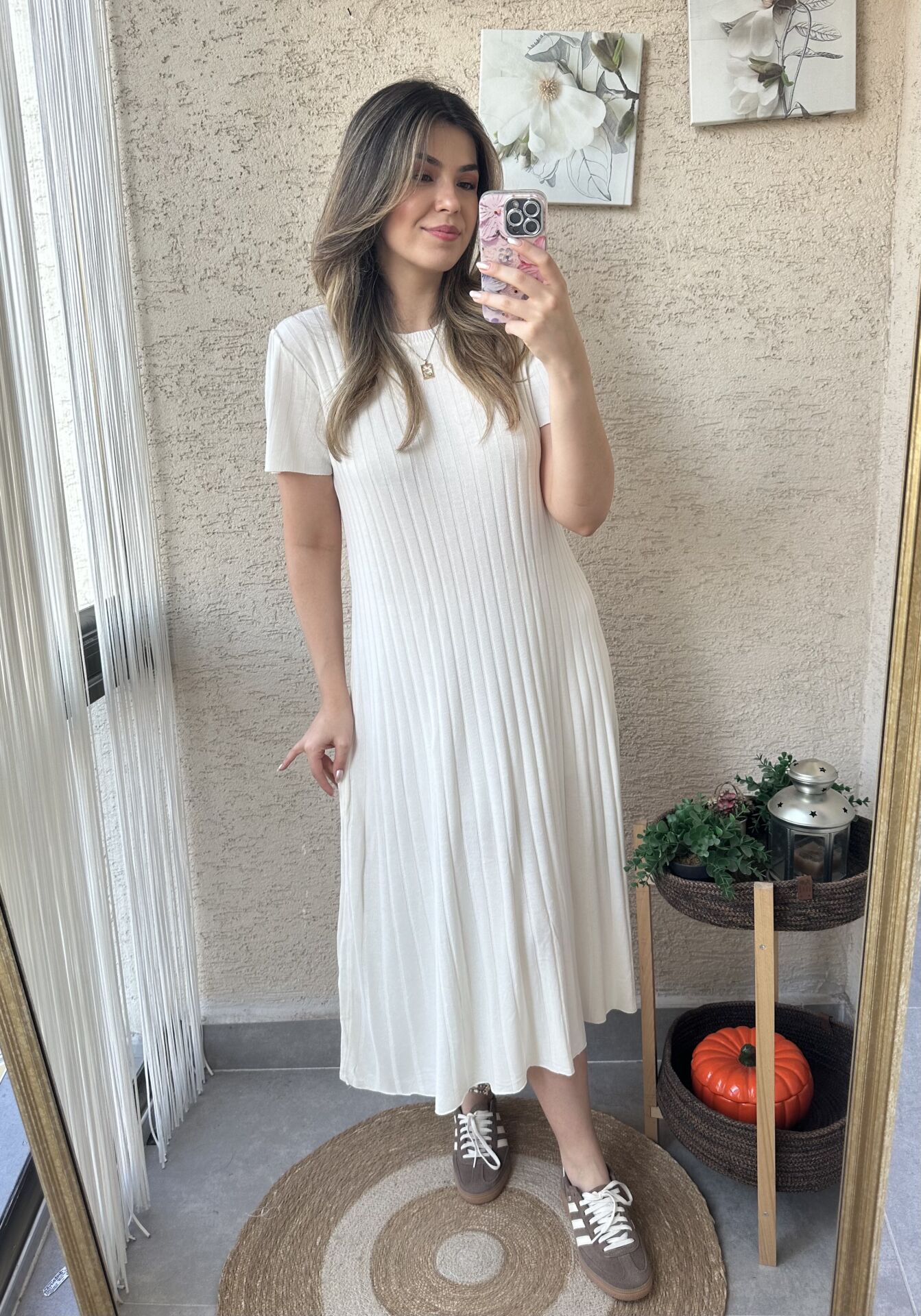 Ekru Kısa Kollu Fitilli Elbise