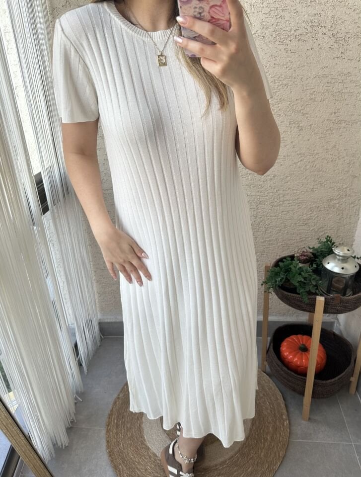 Ekru Kısa Kollu Fitilli Elbise