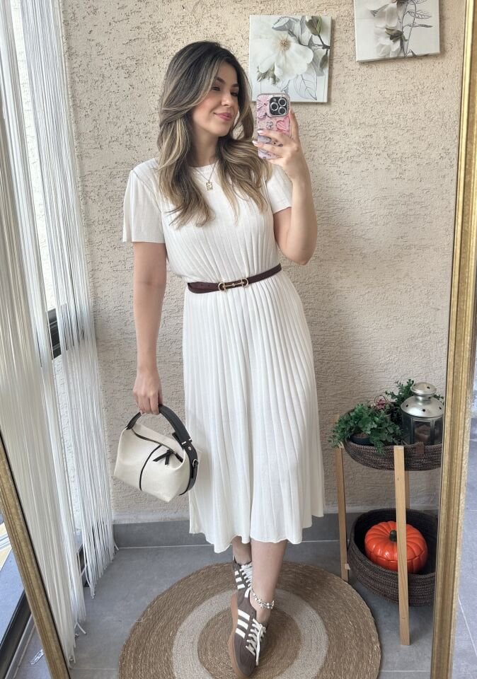 Ekru Kısa Kollu Fitilli Elbise