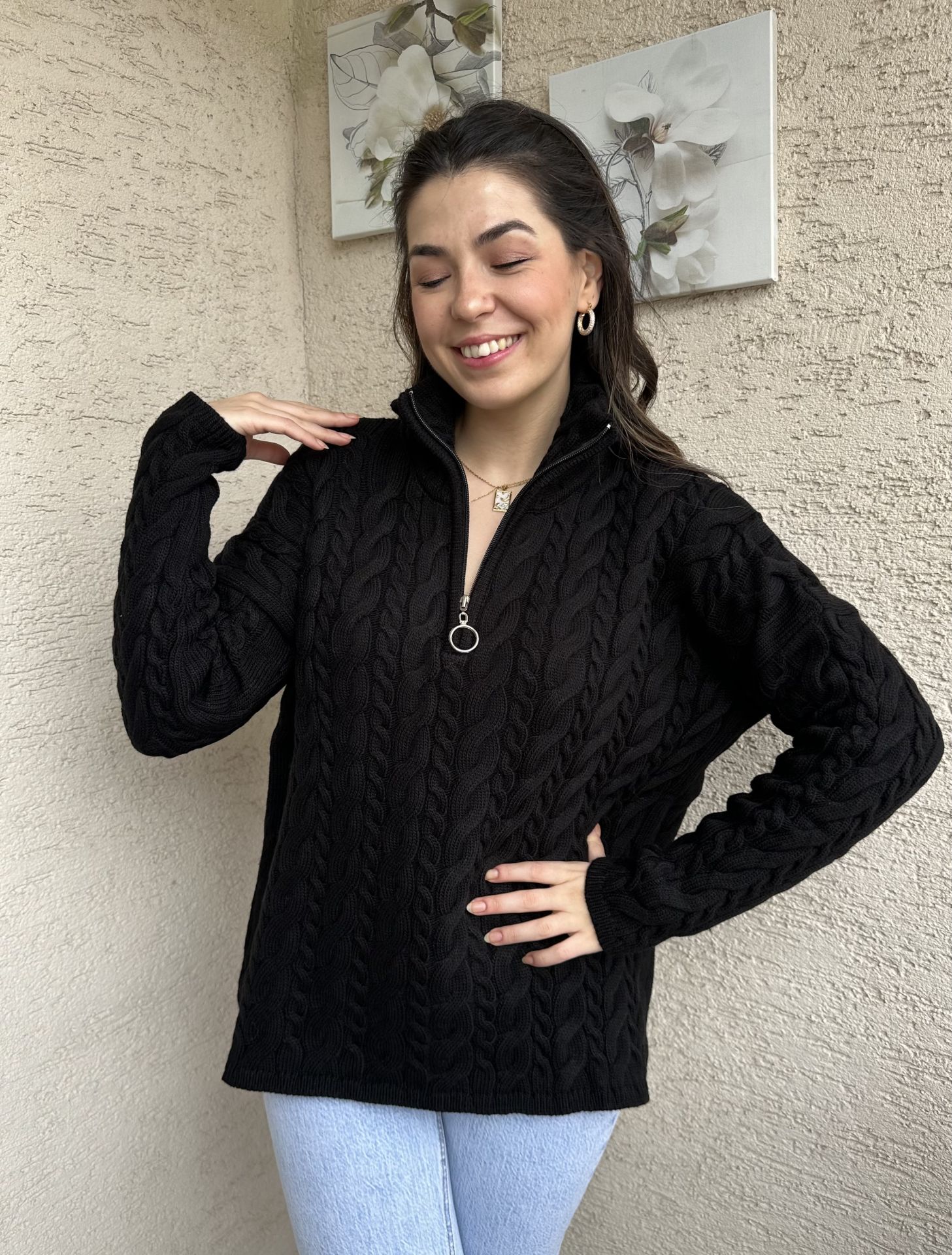 Saç Örgü Fermuarlı Kazak Siyah