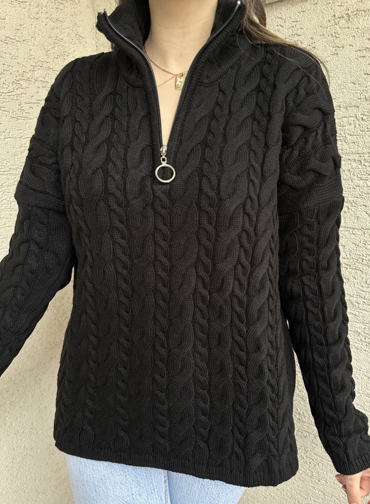 Saç Örgü Fermuarlı Kazak Siyah