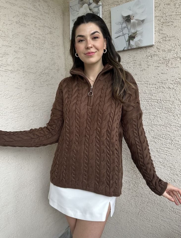 Saç Örgü Fermuarlı Kazak Kahverengi