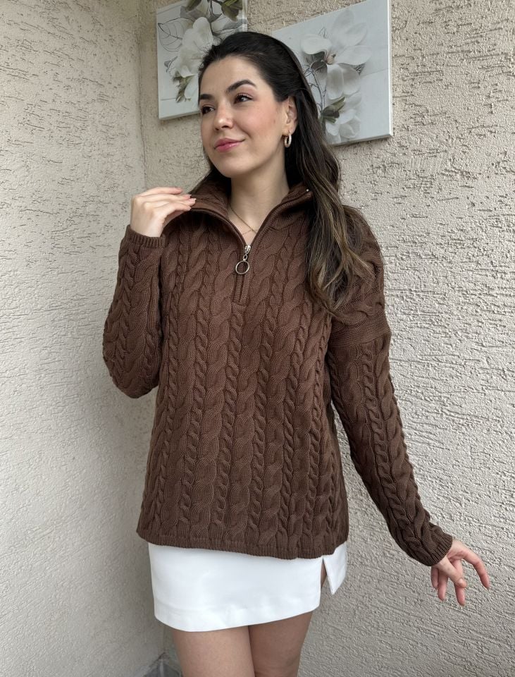 Saç Örgü Fermuarlı Kazak Kahverengi