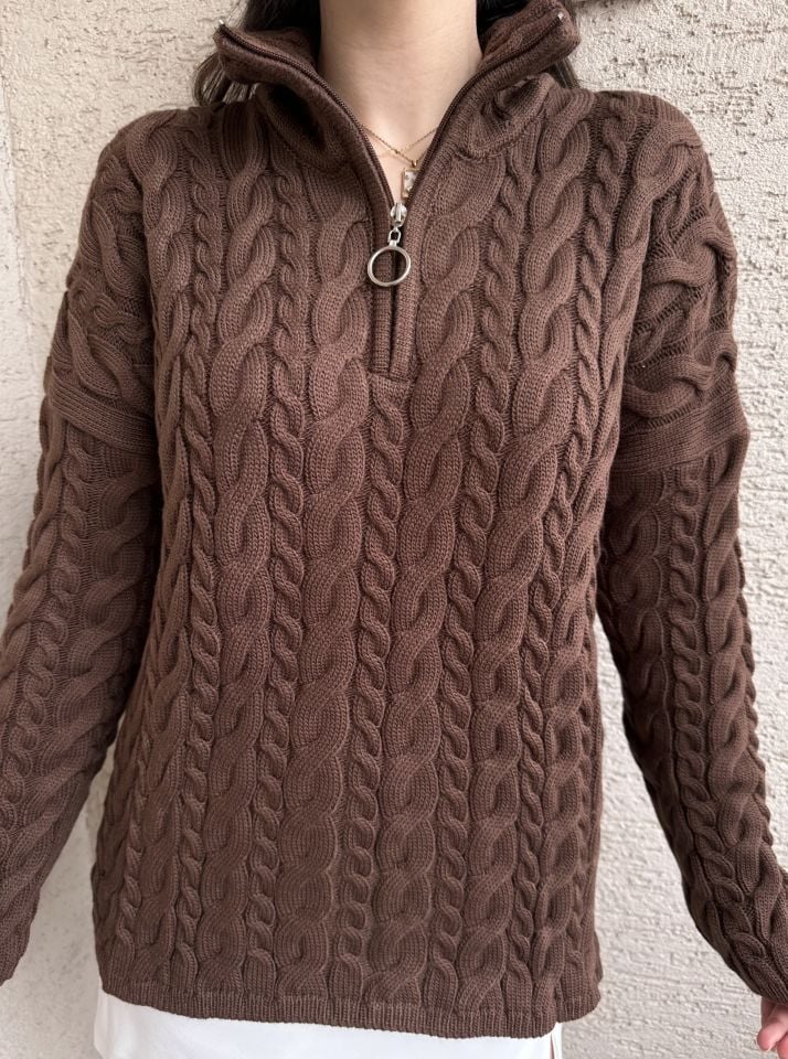 Saç Örgü Fermuarlı Kazak Kahverengi