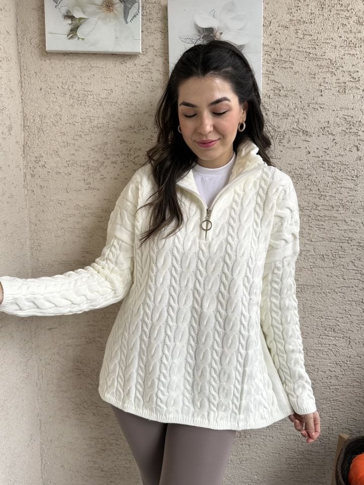 Saç Örgü Fermuarlı Kazak Ekru