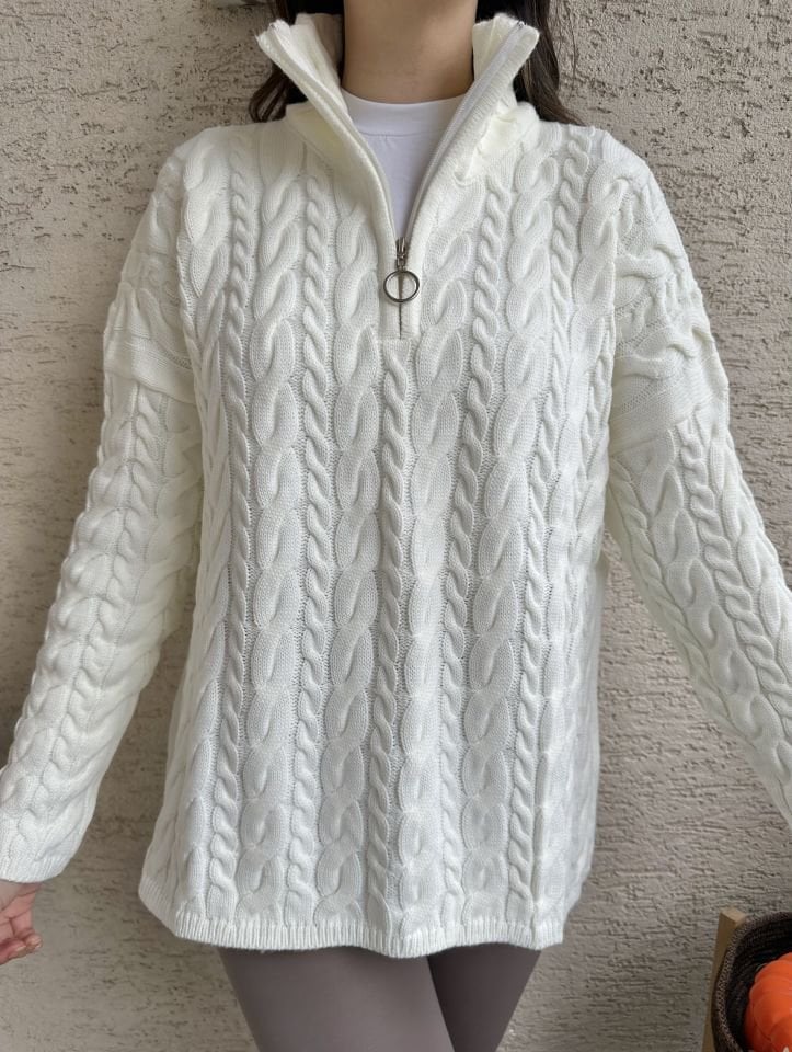 Saç Örgü Fermuarlı Kazak Ekru