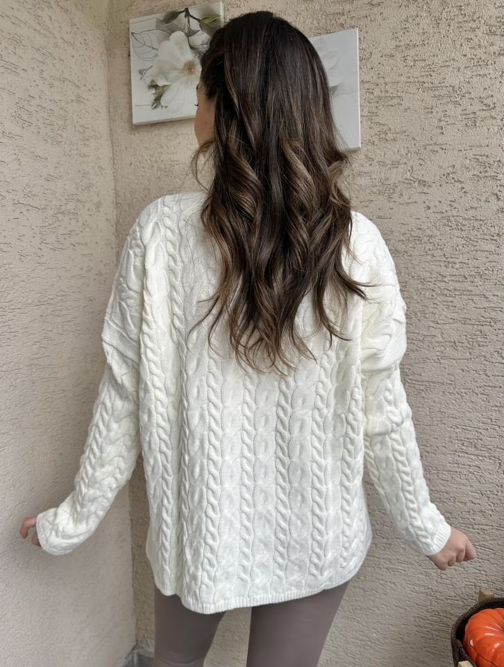 Saç Örgü Fermuarlı Kazak Ekru