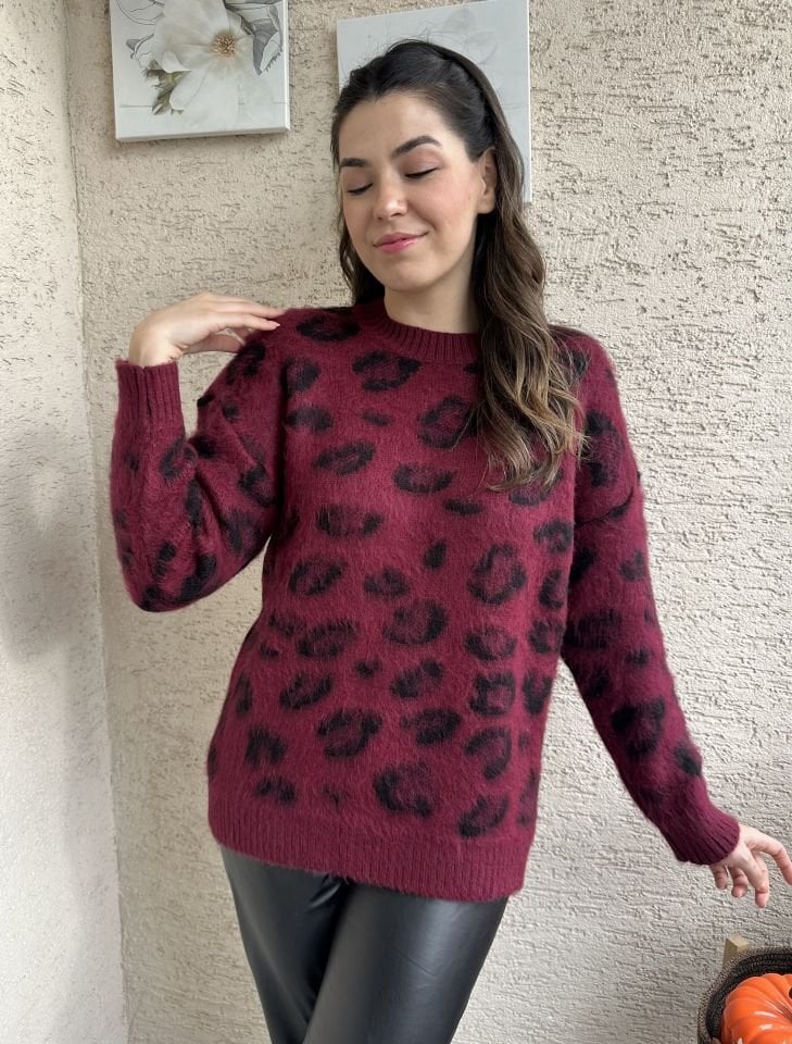 Leopar Desen Yumoş Bordo Kazak