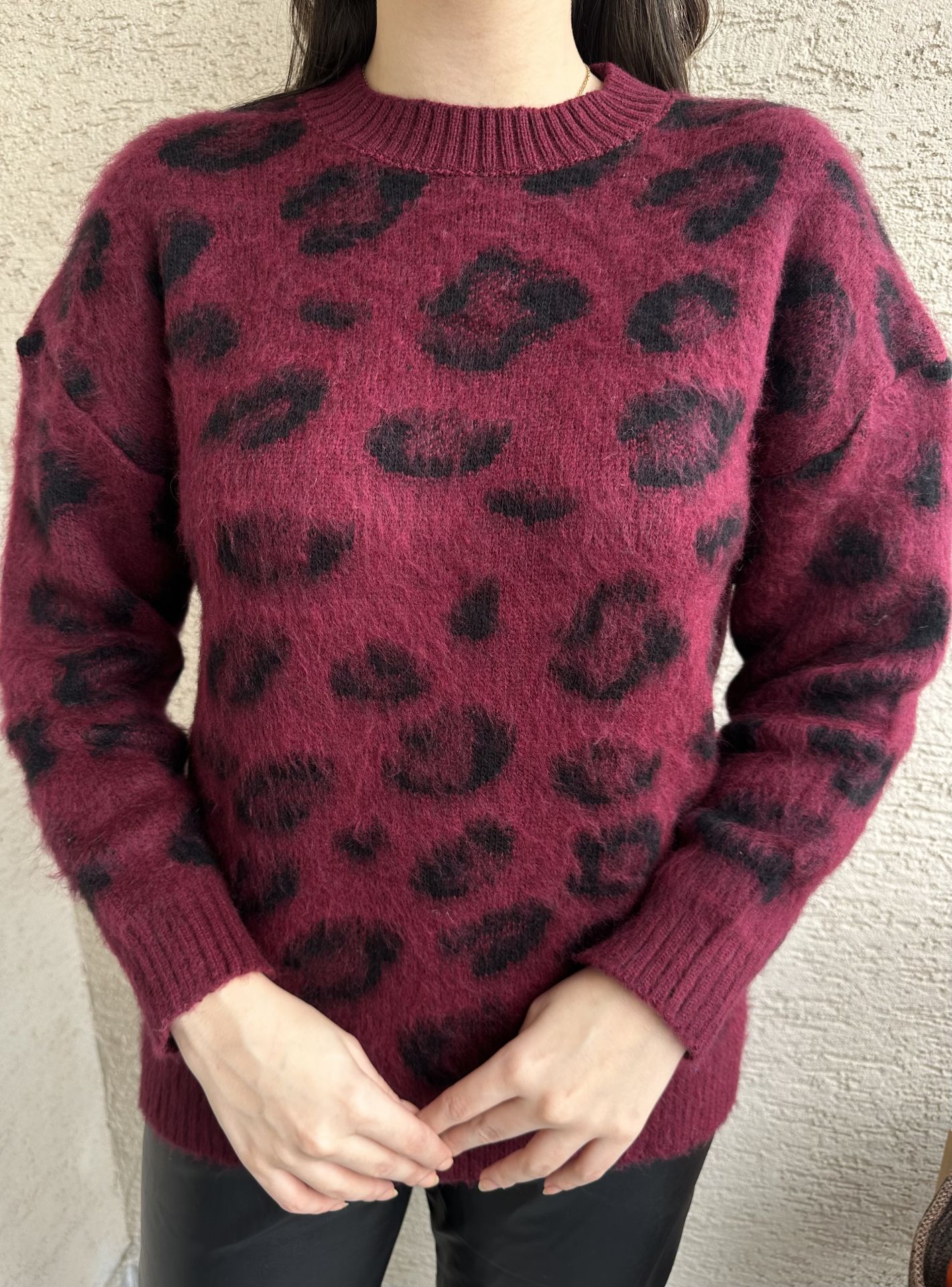 Leopar Desen Yumoş Bordo Kazak