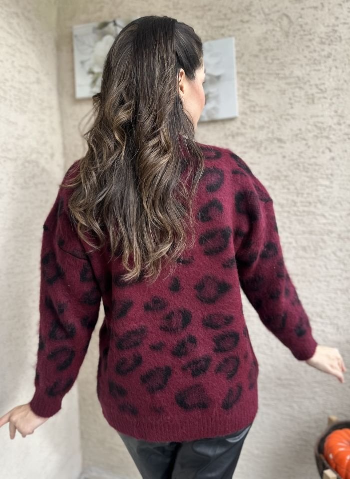 Leopar Desen Yumoş Bordo Kazak