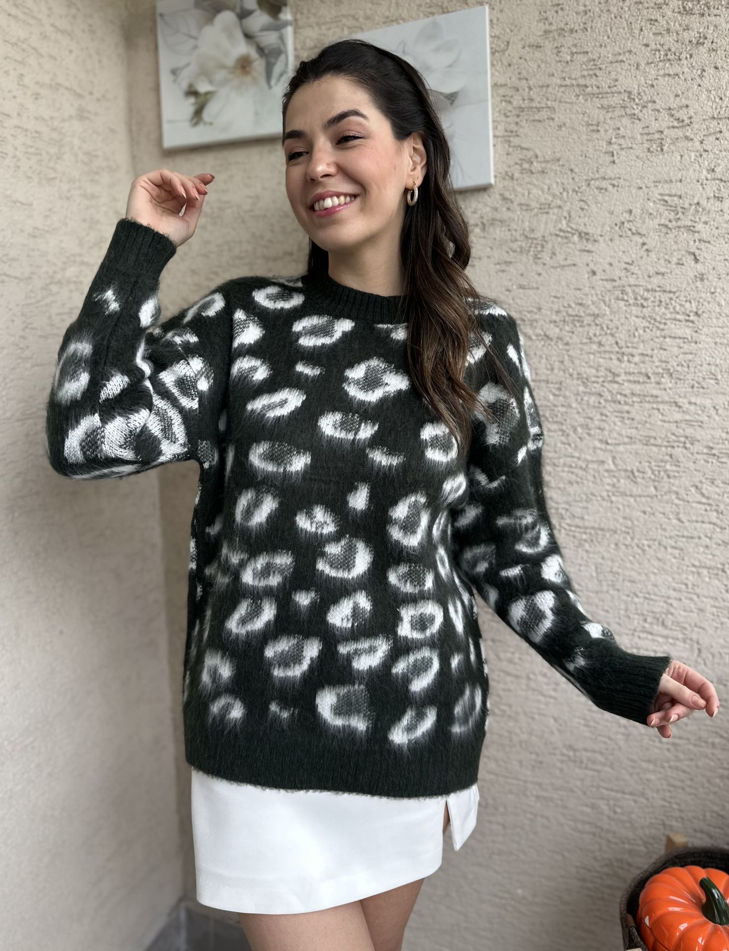 Leopar Desen Yumoş Zümrüt Yeşili Kazak