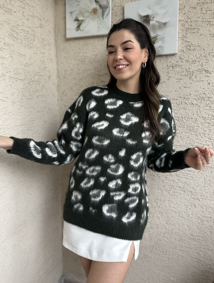 Leopar Desen Yumoş Zümrüt Yeşili Kazak