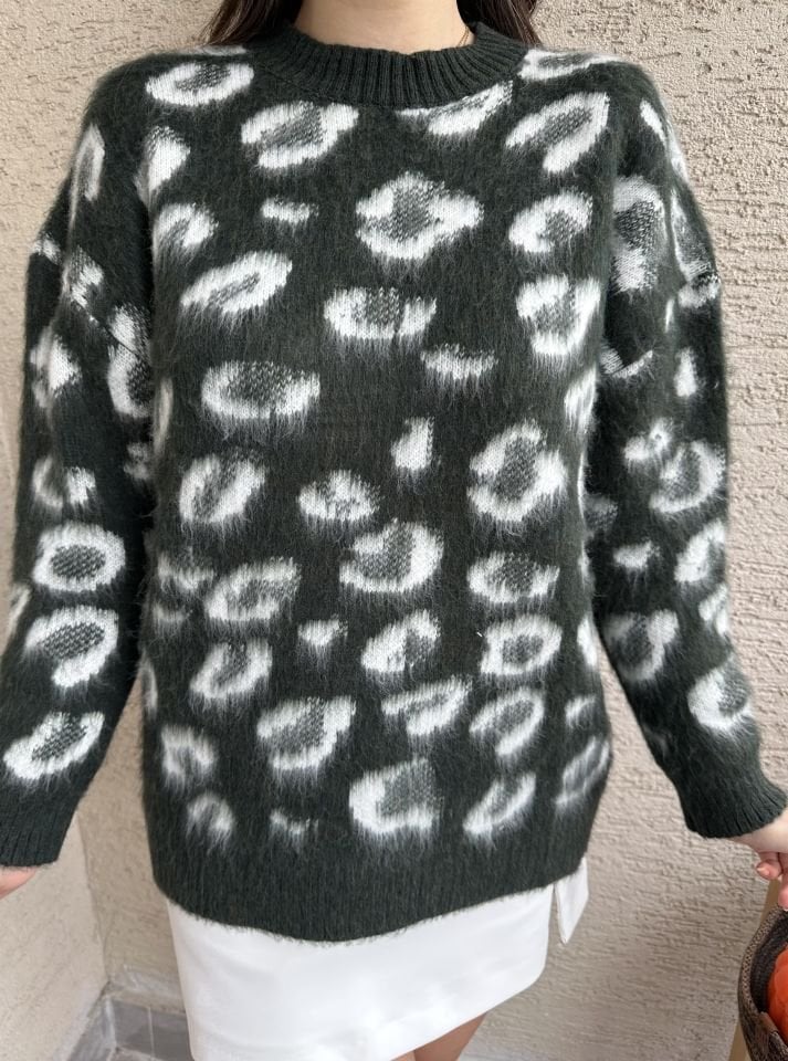 Leopar Desen Yumoş Zümrüt Yeşili Kazak