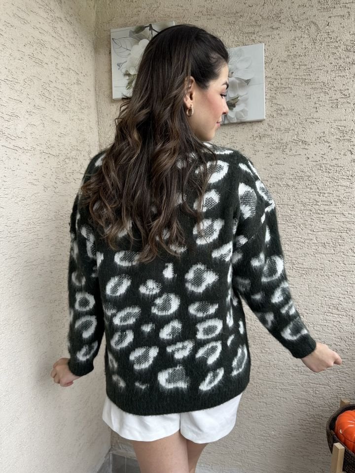 Leopar Desen Yumoş Zümrüt Yeşili Kazak