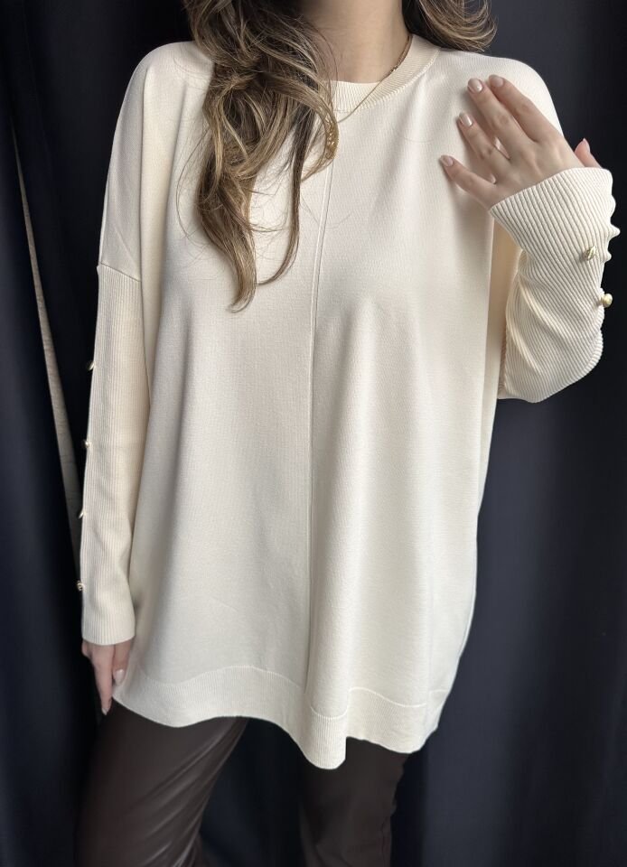 Ekru Rengi Gold Düğmeli Merserize Triko