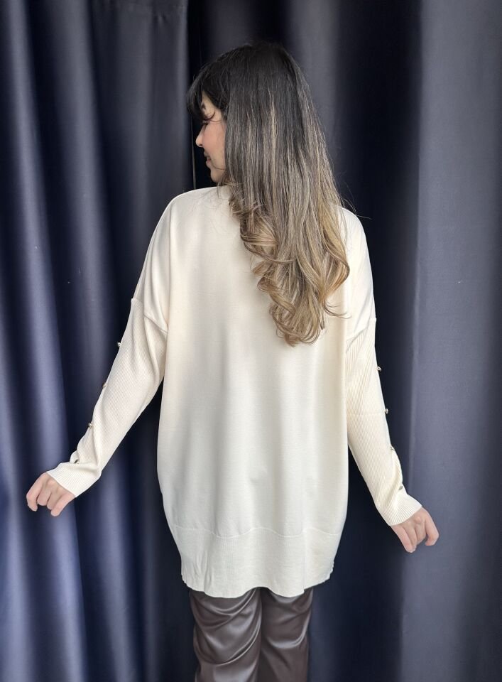 Ekru Rengi Gold Düğmeli Merserize Triko