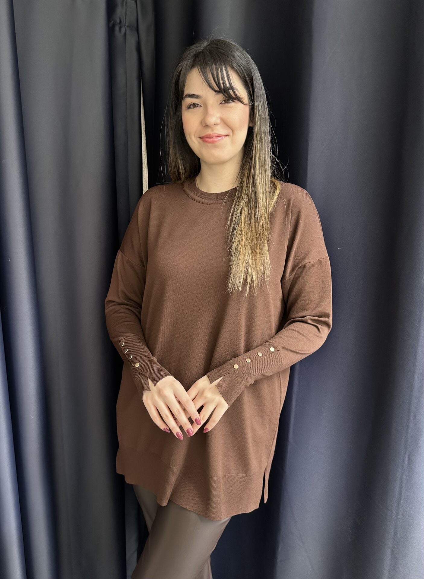 Manşeti Düğmeli  Kahve Merserize Triko