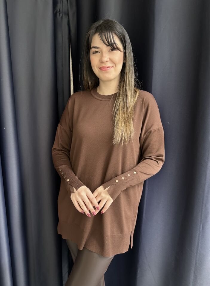 Manşeti Düğmeli  Kahve Merserize Triko