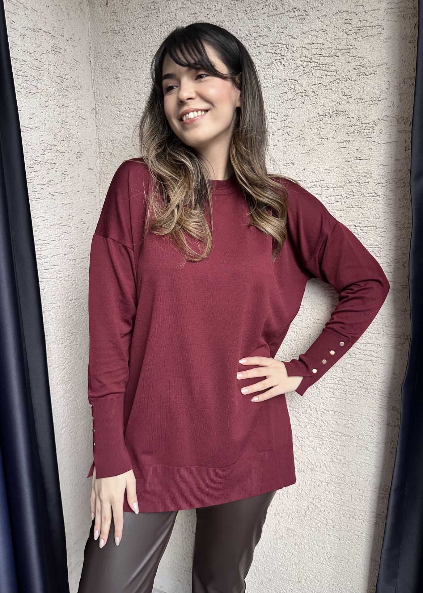 Manşeti Düğmeli Bordo Merserize Triko