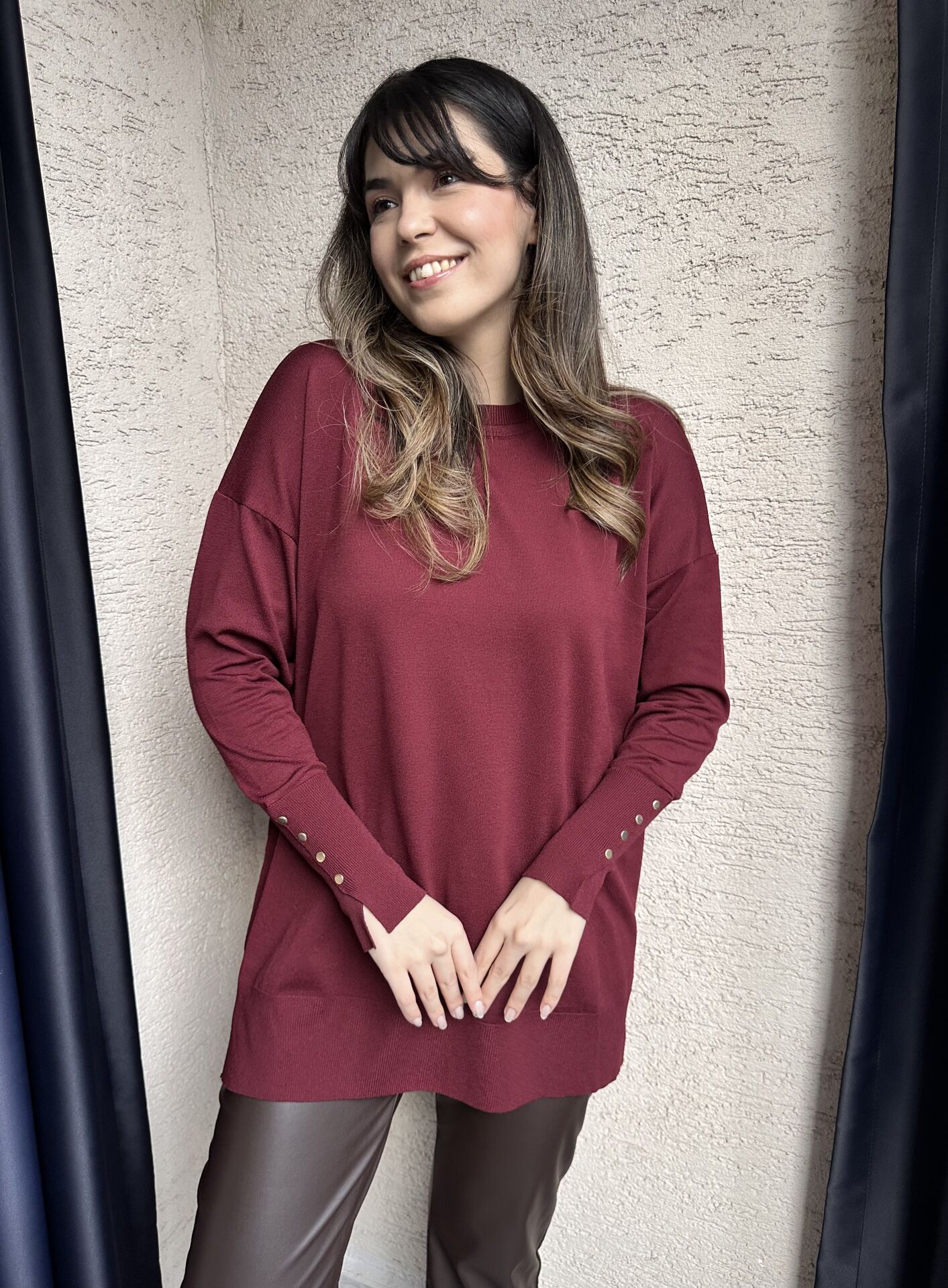 Manşeti Düğmeli Bordo Merserize Triko