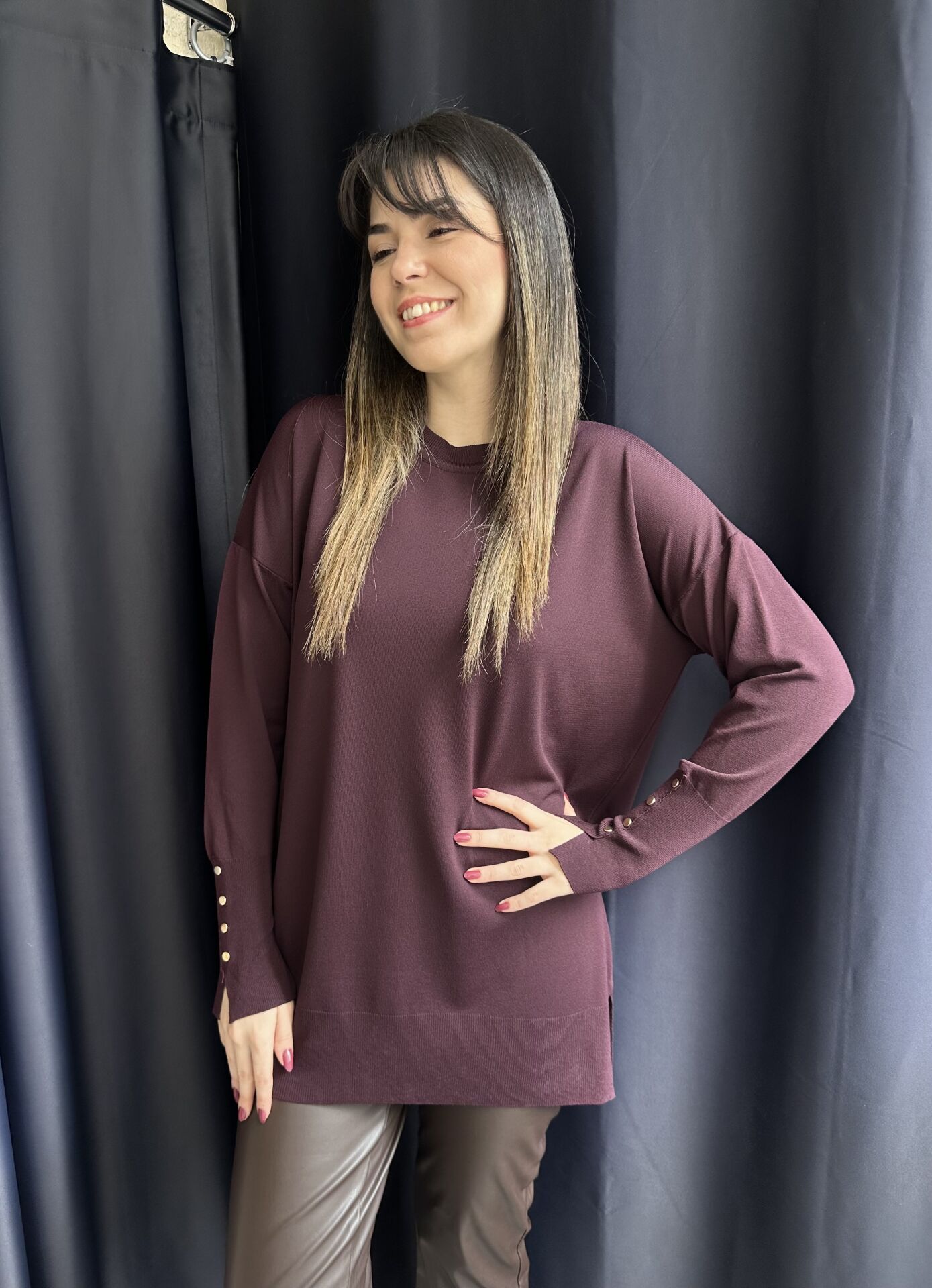 Manşeti Düğmeli Bordo Merserize Triko