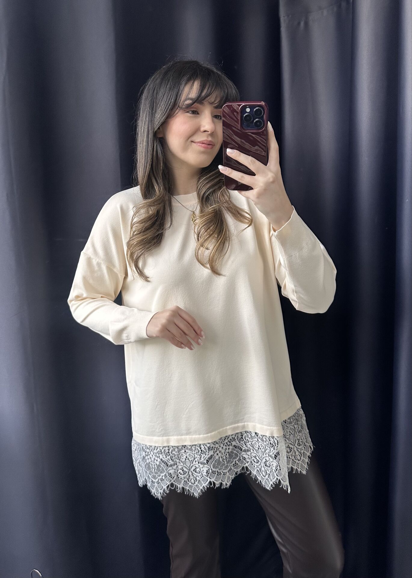 Ekru Dantelli Merserize Triko