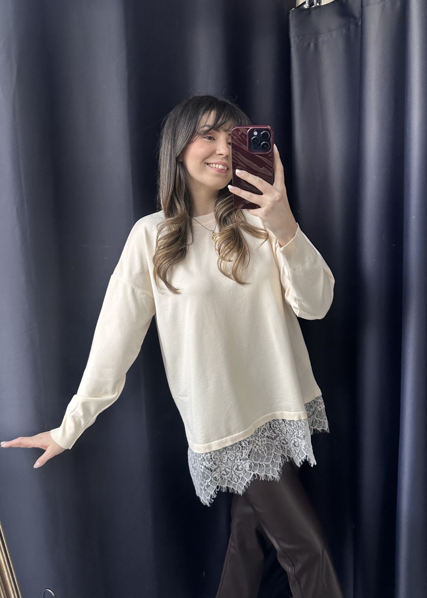 Ekru Dantelli Merserize Triko