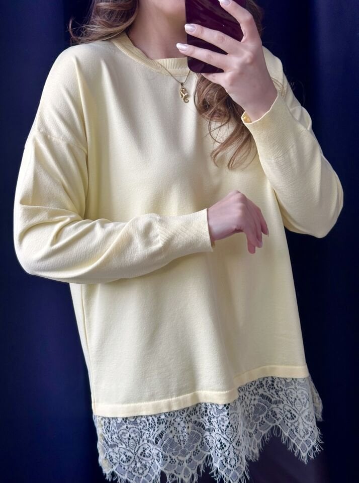 Sarı Dantelli Merserize Triko