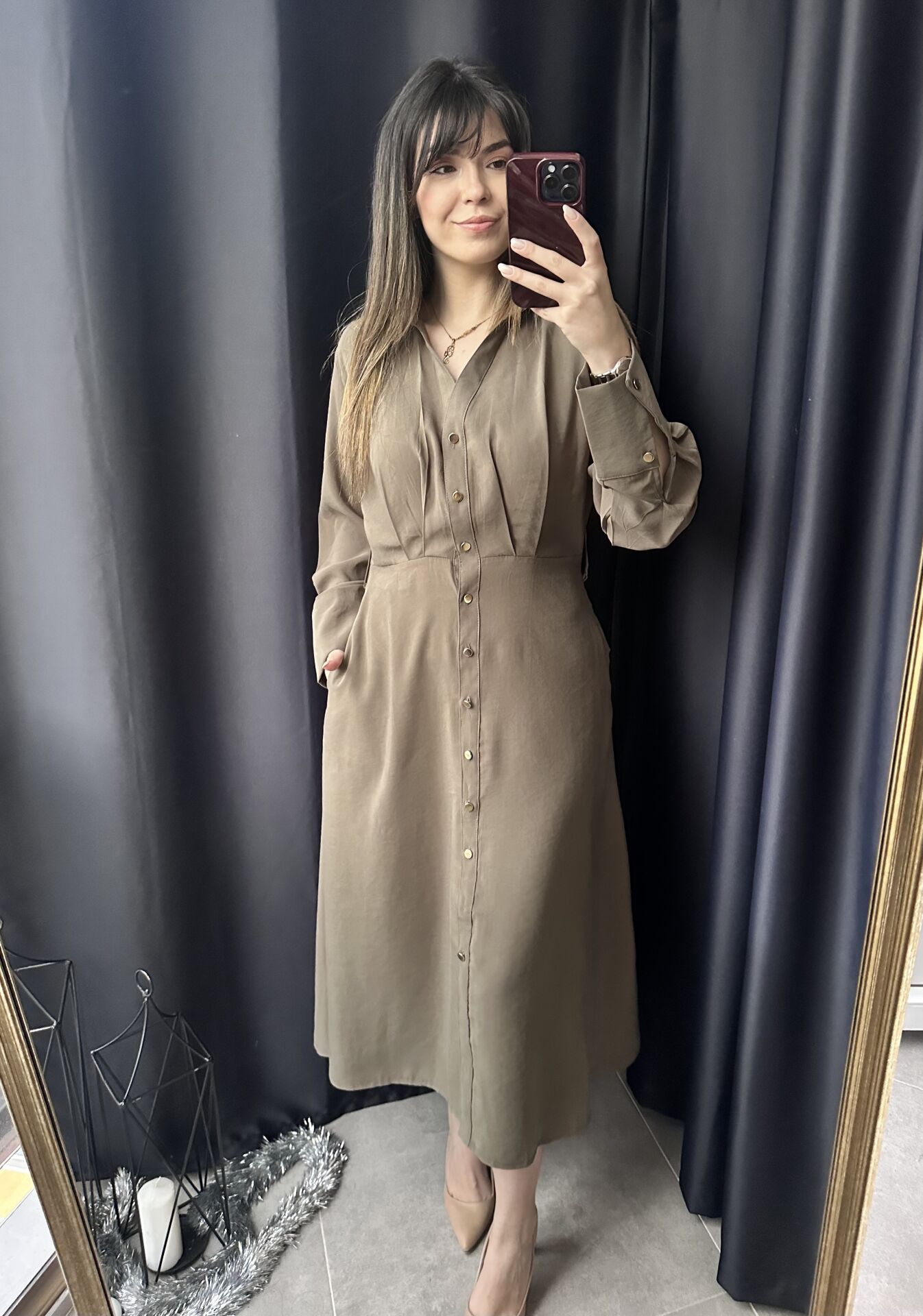 Haki Yeşili Tensel Gömlek Elbise