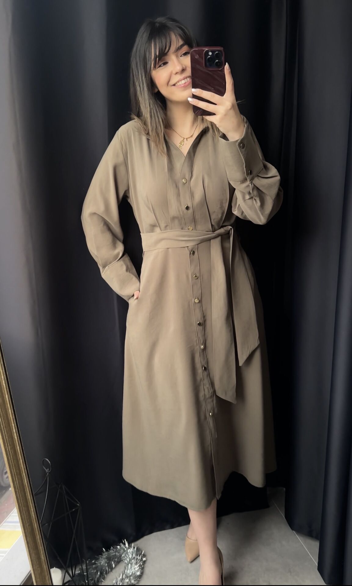 Haki Yeşili Tensel Gömlek Elbise