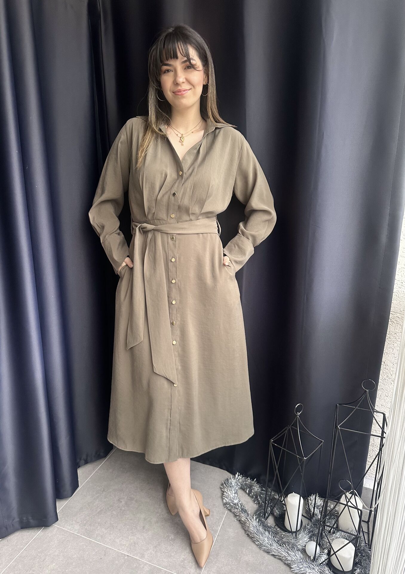 Haki Yeşili Tensel Gömlek Elbise