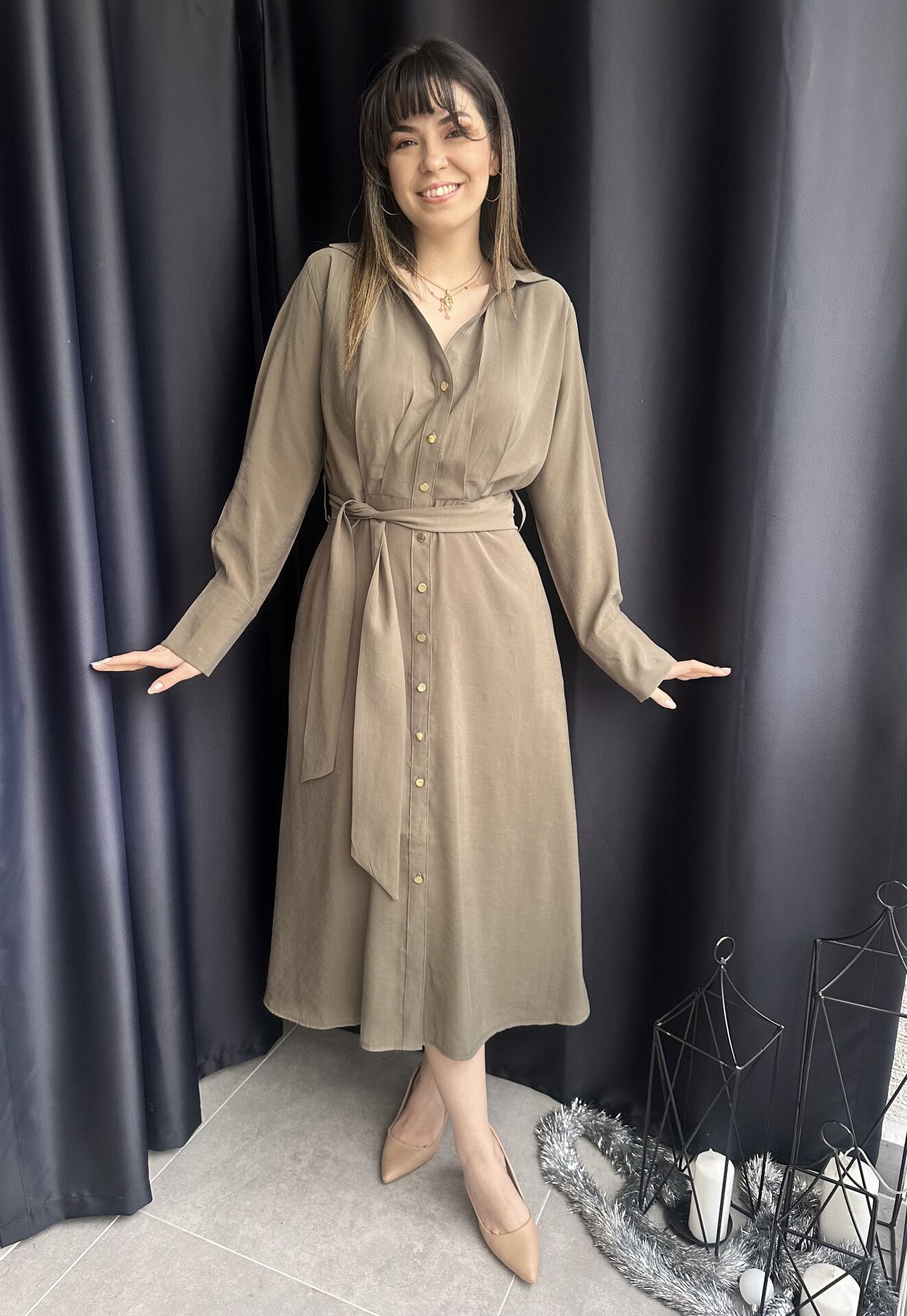 Haki Yeşili Tensel Gömlek Elbise