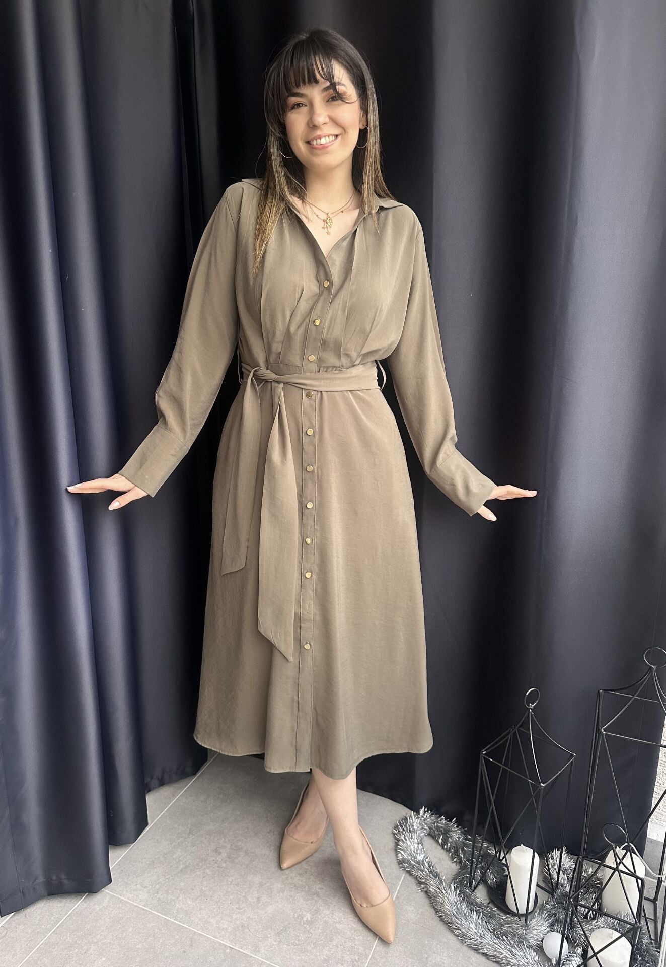 Haki Yeşili Tensel Gömlek Elbise